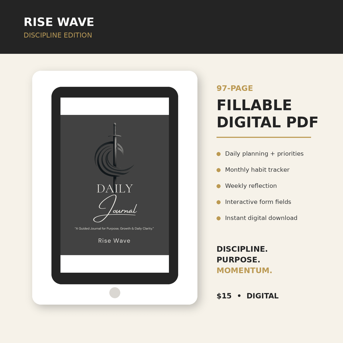 Rise Wave Discipline Edition fillable digital journal – 97-page PDF